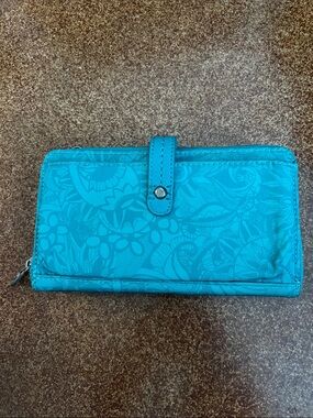 Sakroots Nylon Teal Floral-Print Zip Wallet with Snap Strap